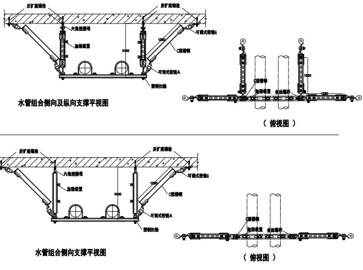 水管組合側(cè)向縱向抗震支吊架平視圖